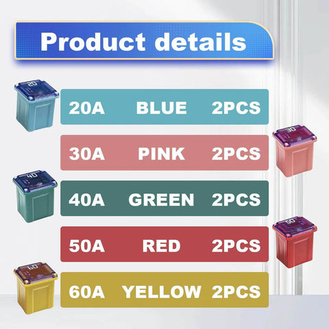 Jcase Fuse Kit 10 Piece Low Profile Automotive Fuse Set shown with color-coded 20A-60A fuses