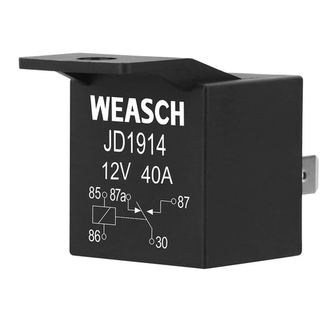 2 Pack JD1914 Car Relay 12V 40A SPDT 5 Pin Waterproof Auto Relay with black casing and pin diagram visible