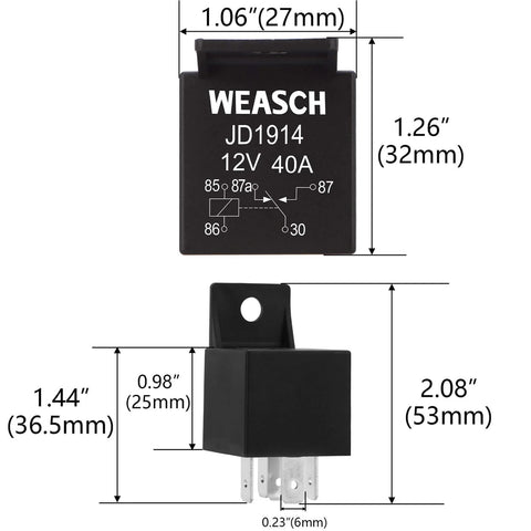 2 Pack JD1914 Car Relay 12V 40A SPDT 5 Pin Waterproof Auto Relay dimensions with black casing and metal pins
