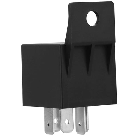 Side view of 2 Pack JD1914 Car Relay 12V 40A SPDT 5 Pin Waterproof Auto Relay with metal contacts and black housing.