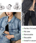 12 Pack No Sew Jeans Button Kit With Snap Tacks For Instant Replacement displayed on denim jacket and jeans for quick installation.