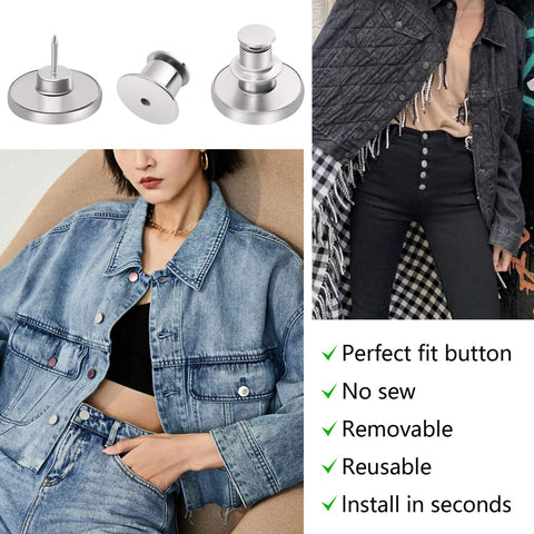 12 Pack No Sew Jeans Button Kit With Snap Tacks For Instant Replacement displayed on denim jacket and jeans for quick installation.