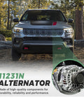 Front view of a Jeep with a close-up of a 11231N alternator, suitable for Chrysler and Jeep models, forest background.