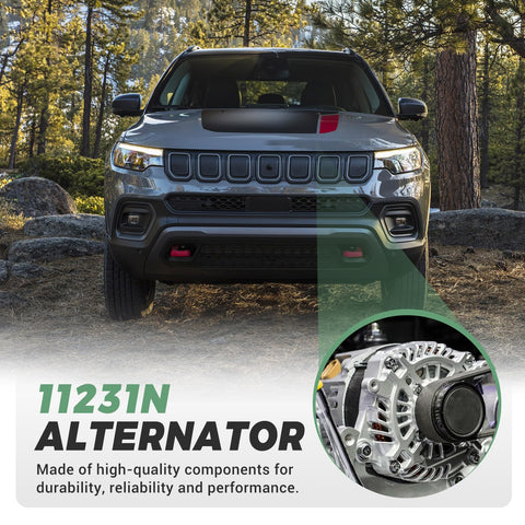 Front view of a Jeep with a close-up of a 11231N alternator, suitable for Chrysler and Jeep models, forest background.