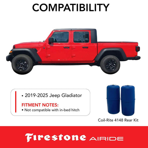 Beefed-Up Rear Air Springs Kit For 2019-2025 Jeep Gladiator, No Drill Install, shown beside red Jeep Gladiator