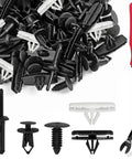 5 In 1 Jeep Wrangler Grille Fastener Kit With Push Type Plastic Rivets For 2007 To 2024 Wrangler JK JL Unlimited And 2005 To 2010 Grand Cherokee Fender Bumper Clips Replacement 151 PCS, showing black plastic rivets and red tool