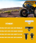 5 In 1 Jeep Wrangler Grille Fastener Kit With Push Type Plastic Rivets For 2007 To 2024 Wrangler JK JL Unlimited And 2005 To 2010 Grand Cherokee Fender Bumper Clips Replacement 151 PCS image with product fitment details.
