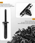 Close-up of black nylon fasteners from 5 In 1 Jeep Wrangler Grille Fastener Kit With Push Type Plastic Rivets For 2007 To 2024 Wrangler JK JL Unlimited And 2005 To 2010 Grand Cherokee Fender Bumper Clips Replacement 151 PCS, showing different rivet types.