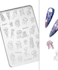 Jellyfish-themed nail art stamping plate shown with two jellyfish nail designs, highlighting intricate marine life accents.