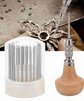 Pro Grade 23 Piece Jewelry Engraving Tools Set With Bead Reamer, 23 Sizes 1 To 23mm, Metal Stone Setting Tools, Diamond Setting Tools, Wooden Handle And Storage Box For Jewelry Making And Beading, showcasing wooden handle and tool set in clear box with jewelry engraving work in progress.