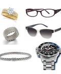 Assorted jewelry, glasses, and watch for Ultrasonic Jewelry And Eyewear Cleaning Solution Concentrate 8 Oz Blue For Watches Glasses Jewelry.