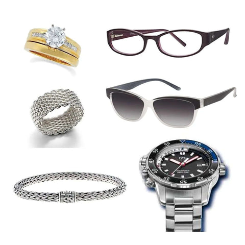 Assorted jewelry, glasses, and watch for Ultrasonic Jewelry And Eyewear Cleaning Solution Concentrate 8 Oz Blue For Watches Glasses Jewelry.