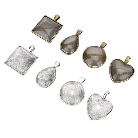 Necklace Base Tray Pendant Mold Kit For DIY Jewelry Making With 60 Pieces Of Metal And Plastic Shapes displayed on a white background