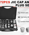 Heavy Duty 72 Piece JIC 37 Degree Cap And Plug Kit Ready To Roll Carbon Steel Zinc Plated open case showing caps and plugs