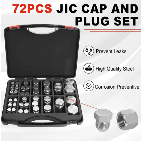 Heavy Duty 72 Piece JIC 37 Degree Cap And Plug Kit Ready To Roll Carbon Steel Zinc Plated open case showing caps and plugs