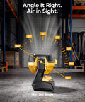 Cordless Jobsite Camping Fan Compatible With DeWalt 20V Max Battery LED Lights Adjustable Speed 1300 To 2200 RPM Hanging Hook Battery Not Included Corded Option Black showing 180-degree tilt angle in warehouse