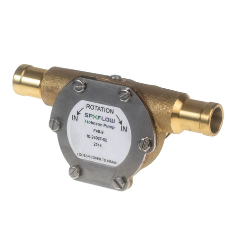 Johnson Pump 10-24967-02 F4B-9 Impeller Pump side view showing metal construction and labeled rotation with connectors.