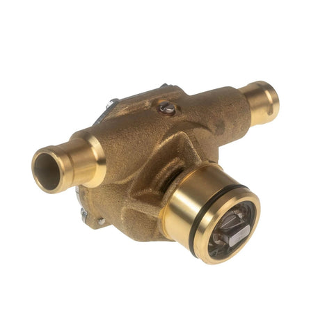 Side view of Johnson Pump 10-24967-02 F4B-9 Impeller Pump in brass, showing connector fittings and impeller casing.