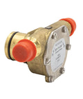 Side view of Johnson Pump 10-24967-02 F4B-9 Impeller Pump with brass body and red caps for marine engine cooling.