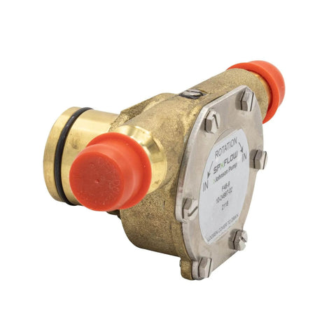 Side view of Johnson Pump 10-24967-02 F4B-9 Impeller Pump with brass body and red caps for marine engine cooling.