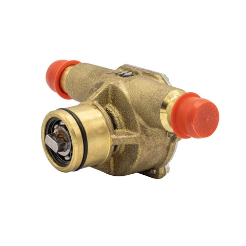 Johnson Pump 10-24967-02 F4B-9 Impeller Pump, brass with red caps, side view, replacement part for engine cooling