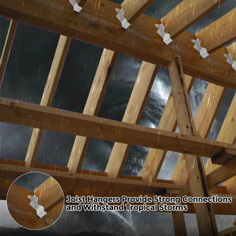 "20 Pcs 2x4 Joist Hangers for Wood,20 Gauge Metal Face Mount Joist Hanger, Lu24 Joist Hangers Galvanized, Hurricane Ties for Rafter installed on wooden roof framework in storm."