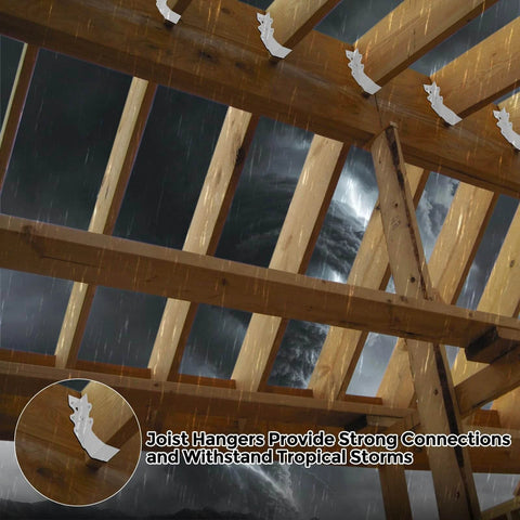 25 Pcs 2x6 Joist Hangers,20 Gauge Metal Face Mount Joist Hangers, Lu26 Joist Hanger Galvanized, Hurricane Ties installed on a wooden roof frame