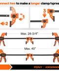 Heavy Duty Woodworking Bar Clamps 12 Inch One Handed Quick Grip Clamp Set Two Pack With 300 Lb Load Limit Indicator And Spreader Function EZ Hold F Style Clamps Jorgensen For Woodworking Projects And Cabinet Making shown extended to 40 inches