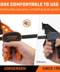 Comparison of Jorgensen EZ Hold bar clamp and regular clamp, highlighting ease of use and comfort for woodworking projects.