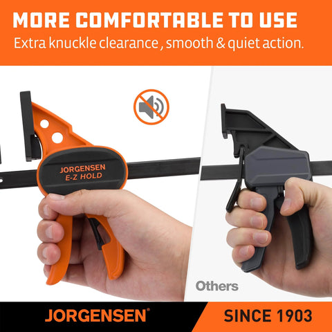 Comparison of Jorgensen EZ Hold bar clamp and regular clamp, highlighting ease of use and comfort for woodworking projects.