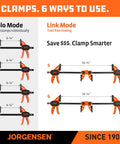 Diagram showing Six Inch Bar Clamps For Woodworking Four Pack With One Hand Light Duty EZ Hold Spreader Clamp 200 Lbs Capacity
