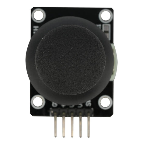 Top view of a Six Dual Axis XY Joystick Module KY 023 with a black knob, five-pin connector, suitable for Arduino and Raspberry Pi.