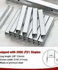 Light Duty Staple Gun Kit With 2000 Three Eighths Inch JT21 Staples Rubber Grip And Chrome Steel Housing For Lightweight Rust Resistant Performance In DIY Upholstery Crafting And Home Improvement showing JT21 staples and dimensions