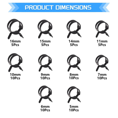 JTAREA Spring Band Hose Clamps Assortment Kit 80 Pieces in 10 Sizes arranged by size in product dimensions chart