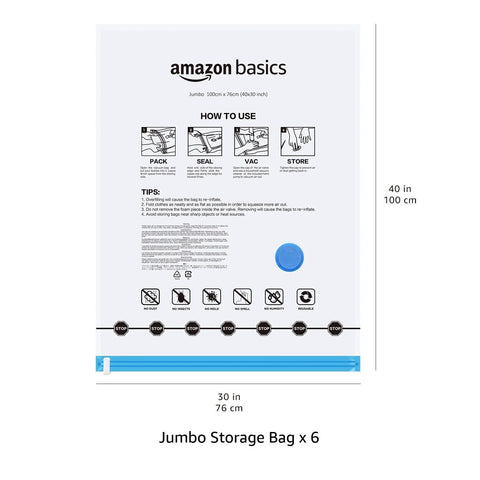 Vacuum Storage Bags For Clothes With Hand Pump, Space Saving Jumbo Compression Bags Set Of Six, Heavy Duty And Stackable Clear Bags For Bedding And Bulky Textiles, Ideal For Under Bed Or Wardrobe Organization, showing front view with usage instructions