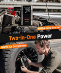4000A Jump Starter With 160 PSI Air Compressor, 88.8Wh Battery Pack displayed with engine and tire in use