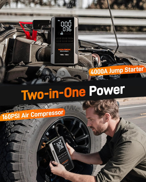 4000A Jump Starter With 160 PSI Air Compressor, 88.8Wh Battery Pack displayed with engine and tire in use
