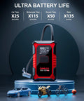 Portable 3000A Jump Starter With Air Compressor For Cars And Trucks shown with tire models and pressure info.