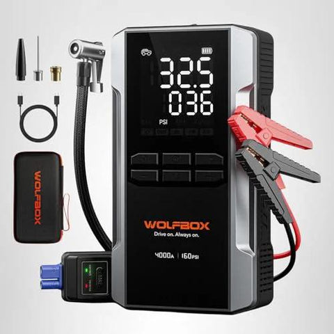 4000A Jump Starter With 160 PSI Air Compressor, 88.8Wh Battery Pack, LED display, jumper cables, and accessories