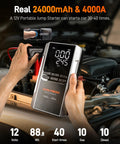 Hands using 4000A Jump Starter With 160 PSI Air Compressor, 88.8Wh Battery Pack, on car engine with LED display
