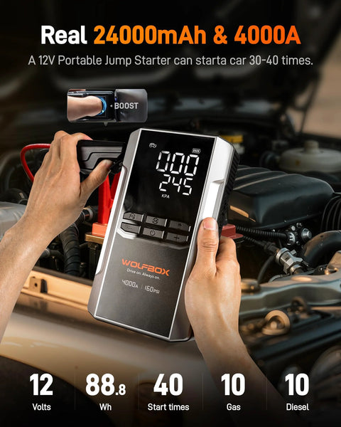 Hands using 4000A Jump Starter With 160 PSI Air Compressor, 88.8Wh Battery Pack, on car engine with LED display