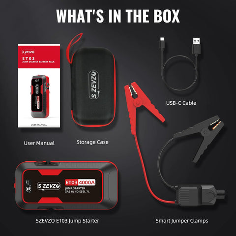 High Power 4000A Jump Starter For 12V Vehicles Up To 8.0L Gas And 7.0L Diesel Engines with USB-C cable and clamps