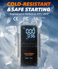 4000A Jump Starter With 160 PSI Air Compressor in cold conditions, showcasing LED Display and durability indicators.
