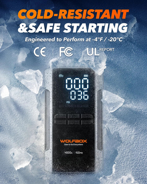 4000A Jump Starter With 160 PSI Air Compressor in cold conditions, showcasing LED Display and durability indicators.