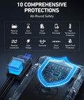 Diagram showing 10 safety features of S8 Air Jump Starter With Air Compressor, 3000A Peak Power For 9.0 Gas And 6.5L Diesel.