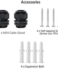 Accessories for Outdoor IP65 Waterproof Junction Box; two M24 cable glands, four M5x40 self-tapping screws, and four expansion bolts.