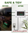 Before and after installation of electrical control box on wall for organized wiring management with digital display.