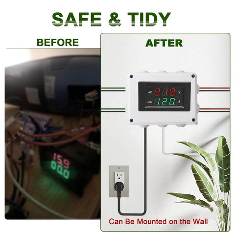 Before and after installation of electrical control box on wall for organized wiring management with digital display.