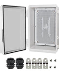 Open view of IP67 Waterproof Junction Box With Hinged Cover, Heavy Duty Stainless Steel Latch, Plastic Enclosure With Mounting Plate And Wall Brackets, Includes 2 Cable Glands, Grey, 11x7.5x5.5 Inches, Built For DIY Projects And Outdoor Electrical Installations.