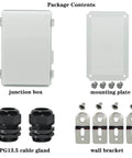 Package contents of IP67 Waterproof Junction Box With Hinged Cover, Heavy Duty Stainless Steel Latch, Plastic Enclosure, Mounting Plate, Wall Brackets, 2 PG13.5 Cable Glands, Grey, 11x7.5x5.5 Inches